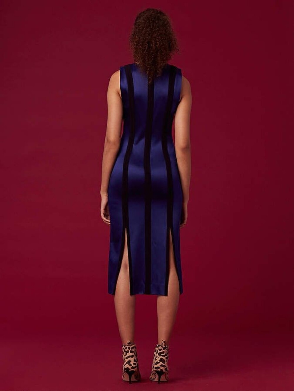 Diane Von Furstenberg Blue Black Striped Sleeveless Sheath Midi Dress Size 2 - Picture 2 of 15
